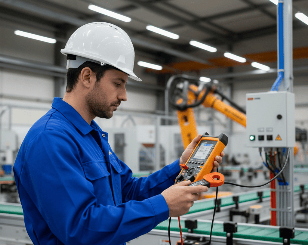 Equipo técnico realizando auditoría energética con instrumentos de medición avanzados en una nave industrial, analizando consumos de líneas de producción y sistemas de iluminación